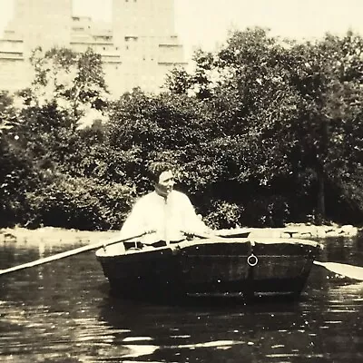 Vintage Black And White Photo Man Row Boat Pond Lake Trees Buildings Snapshot • $6.69