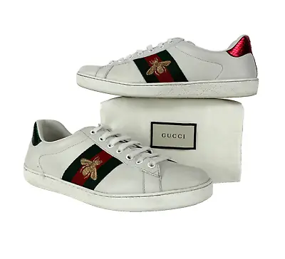 Gucci Auth Men 8 US 7.5 UK 41.5 EU White Leather Web Bee Ace Low Sneakers Shoes • $227