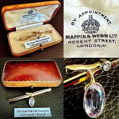 Antique (1920s) Boxed Mappin & Webb 15ct Gold Diamond & Pink Morganite Brooch • £1250