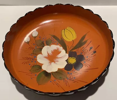 Japanese Plastic Lacquer Ware 8  Bowl Hand Painted Orange Black Scallop Vintage • $20