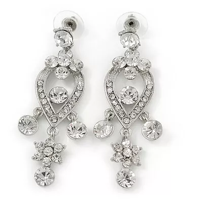 Clear Austrian Crystal Chandelier Earrings In Rhodium Plating - 60mm L • £14