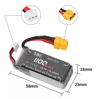 50C 7.4V 1100mAh 2S LiPo Battery With XT60 Plug For Airplane Heli RC Car Boat  • £16.98