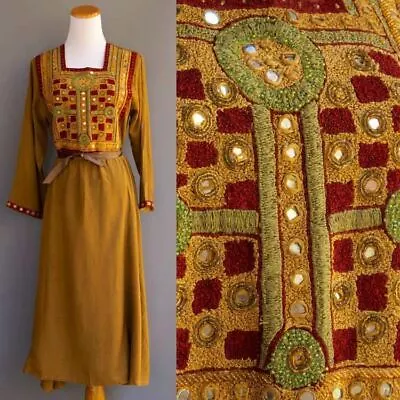 VTG India Tribal Hippie Festival Dress Ornate Embroidery Beaded Mirrors Yellow M • $79.99