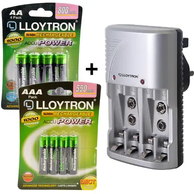 LLOYTRON MAINS BATTERY CHARGER 4x AA & 4x AAA RECHARGEABLE BATTERIES BUNDLE • £14.95