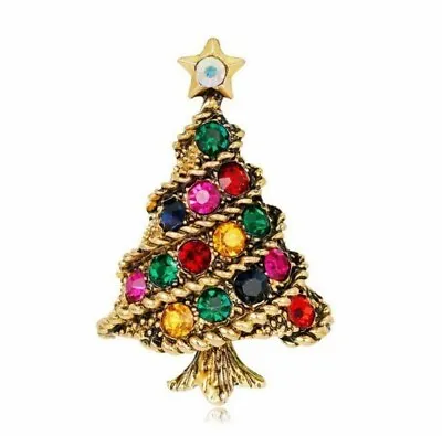 Stunning Diamonte Gold Plated Vintage Look Christmas Tree Brooch Cake Pin B1b • £11.75