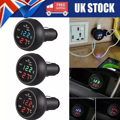 3 In 1 USB Car Charger Cigaretter LED 24V Volt Gauge Voltage Meter Thermometer • £9.79