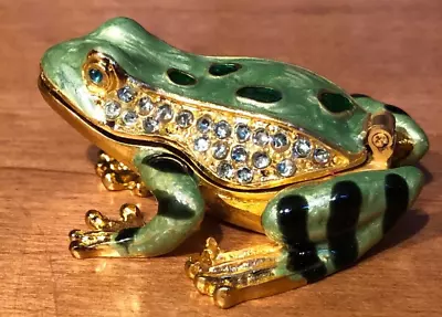 Gorgeous Green Enamel Frog Trinket Box - Jeweled Gold Tone W/ Magnetic Closure • $15.50