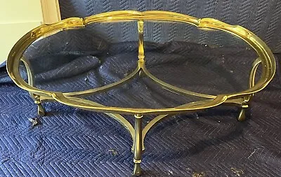 Hollywood Regency Oval Brass And Glass Scalloped  Top Coffee Table Labarge Style • $1200