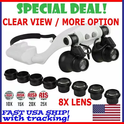 Headband Head Magnifier 8 Lens LED Light Jeweler Watch Loupe Magnifying Glasses • $10.99