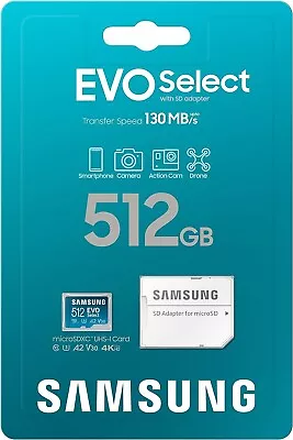 Samsung EVO Select + Adapter 512GB Class 10 Micro SD SDHC SDXC Brand New Sealed • $57