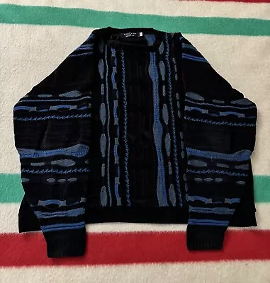 Vintage 90s Protege Coogi Style Blue Knit Sweater Biggie Boxy Wide XL 31.5x28 • $147.77