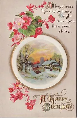 Greetings~Pink Red Flowers Snowy Bridge Scene Birthday Greeting~Vintage Postcard • $2.70