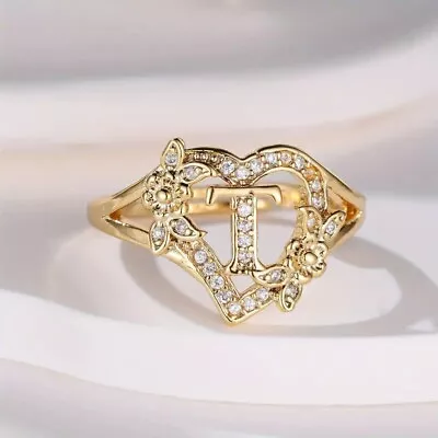 14K Yellow Gold Plated 1 CT Round Cut Simulated Diamond Flower Letter  T  Ring • $119.99