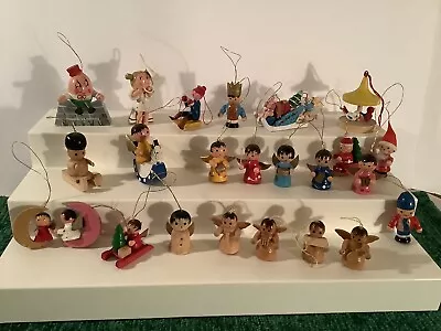 Vintage Lot Of  24 Mini Wooden Angel Ornaments With A Few Santas • $24.95