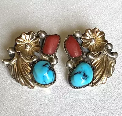 Vintage Native American “Navajo” Sterling Turquoise & Coral Post Earrings Signed • $17
