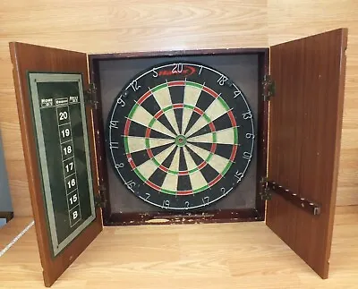 Vintage Halex Cork Dart Board With Metal Numbers & Wooden Cabinet **READ** • $159.08