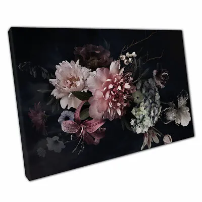 Vintage Pink Cream Florals Peonies Tulips Lilies Hydrangea Flowers Print Canvas • £9.70