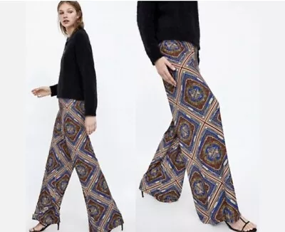 ZARA Scarf Print Palazzo Flowy Wide Leg Pants Size 28 Size M Boho High Waist • $14