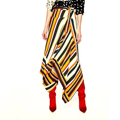 Zara Asymmetrical Striped Casual Multicolor Midi Wrap Skirt Sz S • $19