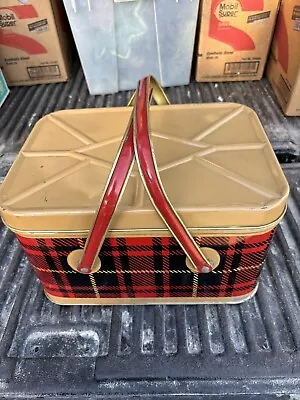 Vintage Red Scottish Plaid Hoot Mon Tin Picnic Basket. • $75