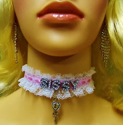 Any Size Personalize Choker Lock Key Pink Lace Sissy Kitten BDSM DDLG Heart • $34.95