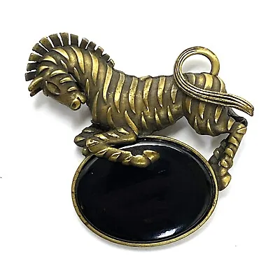 Vintage Prancing Zebra Broach Pin Black Stone 2.5 X 2.5 In Antique Bronze Tone • $26