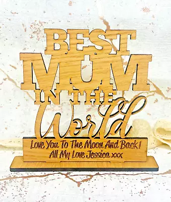 Personalised Best Mum In The World Plaque Wooden Oak Gifts Custom Sign Engraving • £4.95