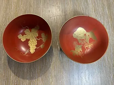 Two VTG/Antique Asian Lacquer Ware Bowls - Goldfish & Grapes Design In Gold • $31