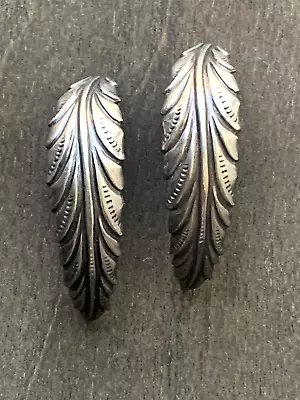 Vintage Silver Tone Leaf Feather Post Earrings Puffy 3D Texture Half Hoops Retro • $12.99