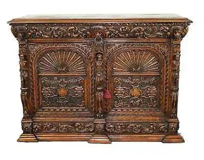 Antique Buffet French Relief Carved Oak 2 Doors Bas Lions Heads 1800s • $2877