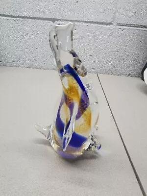 Murano Style Art Glass Gold And Blue Clear Glitter Heavy Penguin Figurine • $19.99