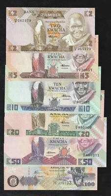 $0.99 • Buy Zambia, 2 - 5 - 10 - 20 - 50 - 100 , Kwacha, UNC 6 Pieces Banknote