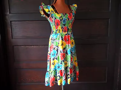 VTG 60s 70s Beeline Floral Mod Smocked Ruffle Hippy Festival Summer Sun Dress S • $44.95