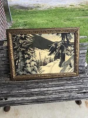 Antique Vintage Winter Snow Mountain Scene Artist Signed Oil On Canvas Painting • $275