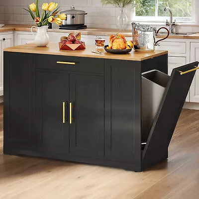 53 Inch Large Rolling Kitchen Island With Trash Can Storage Cabinet Island Table • $218.99