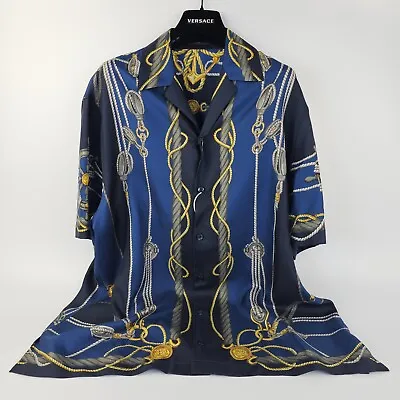 Versace Barocco Nautical Men's Blue/Gold Short Sleeve Silk Shirt New SS24 • $1079