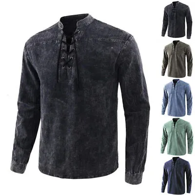 Mens Medieval Vintage Tunic Tops Long Sleeve Shirt Lace Up Costume Blouse Tee • £14.72