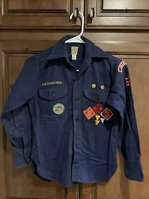 VTG Blue Cub Boy Scouts Of America Official Shirt REG Sanforized Patches Pins • $17