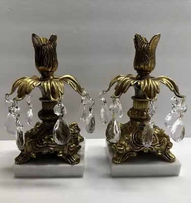 Set Of 2 (pair) Hollywood Regency Candle Sticks Prisms Metal Brass Marble 8  T • $25