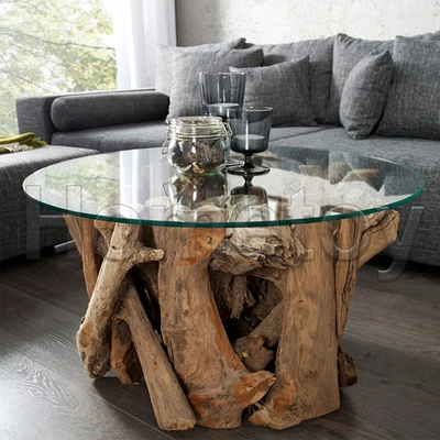 £181.25 • Buy 60cm Solid Teak Wood Coffee Table Glass Top Tree Trunk Root Natural Furniture