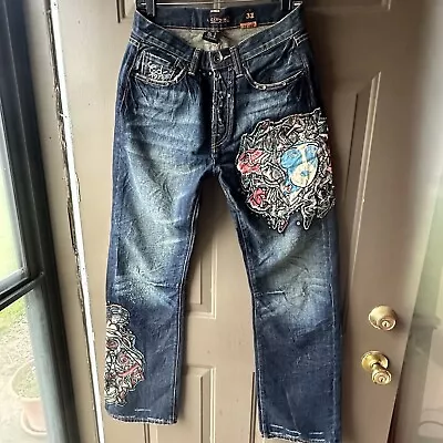 Ed Hardy 1973 Mens Jeans Nwot  Rose Face Skull Decorative Patches Size 31” 34” • $299