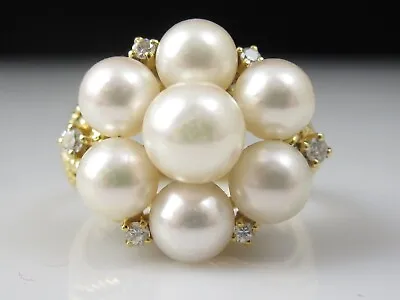 MIKIMOTO Pearl Diamond Ring 750 Cluster Cocktail 18K Yellow Gold Rope Size 7 • $795
