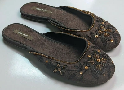 $6 • Buy Report 'alisha' Sequins Beads Brown Fabric Slides Sz 7  