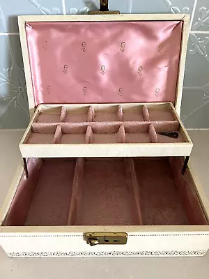 Large Vintage Leatherette Tiered Jewellery Box With Key - Mele USA C1950's • $69