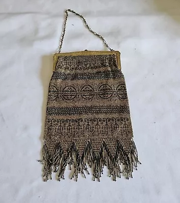 Art Deco Gold Silver Handmade French Steel Bead Fringe Purse Flapper With Chain • $49.99
