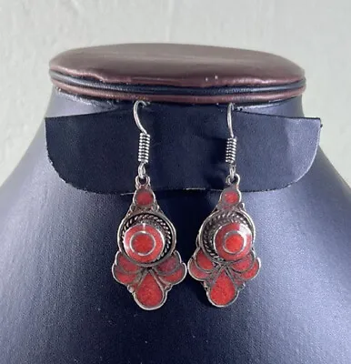 HANDMADE ARTISAN Tibetan Silver Coral Earrings Dangle Nepali • $8.99