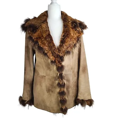 Vintage Vericci Women's Brown Suede Fur Coat Jacket Lapel Collar Women's Size S • $129.99