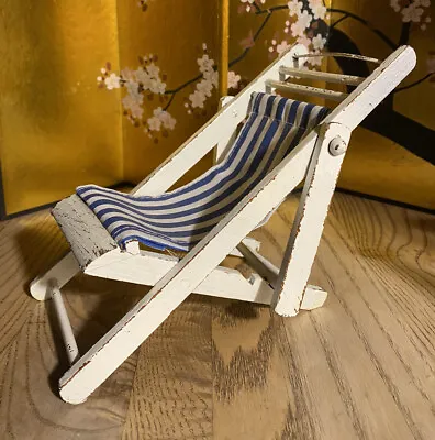 Vintage Miniature Wood & Fabric Beach  Reclining Beach Chair Salesman Sample? • $45