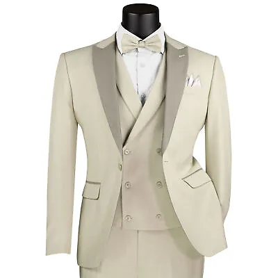 VINCI Men's Ecru 3-Piece Slim-Fit Tuxedo Suit W/ Bow-Tie - NEW • $155