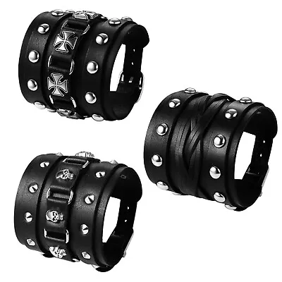 Mens Punk Wide Skull Cross Braided PU Leather Bracelet Adjustable Cuff Wristband • $11.39